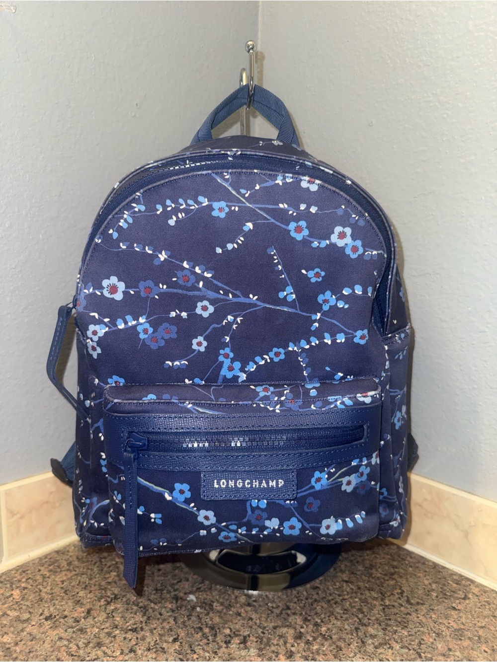 Longchamp Le Pliage Néo Sakura Cherry Blossom Backpack Navy Blue EUC